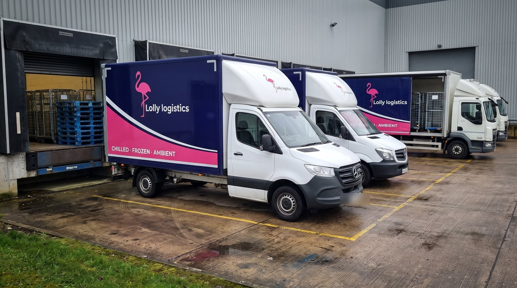 Lolly Logistics box vans and rigids on the loading bays at a distribution depot